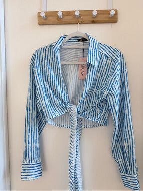 Mica's Blue & White Striped Tie-Front Crop Shirt